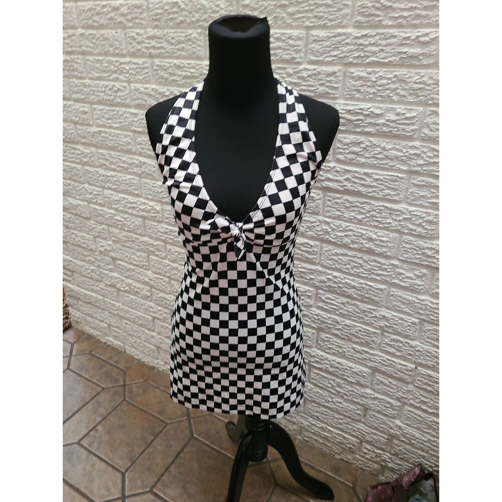 Womens 2pc Halter Checker Racer Girls Mini Dress Roleplay Halloween Costume euc